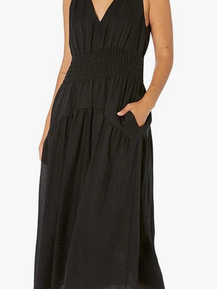 Vince Black Sleeveless V-Neck Midi Dress With Smocked Waist